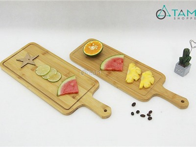 Thớt gỗ tre trang trí đồ ăn cán dài số 31